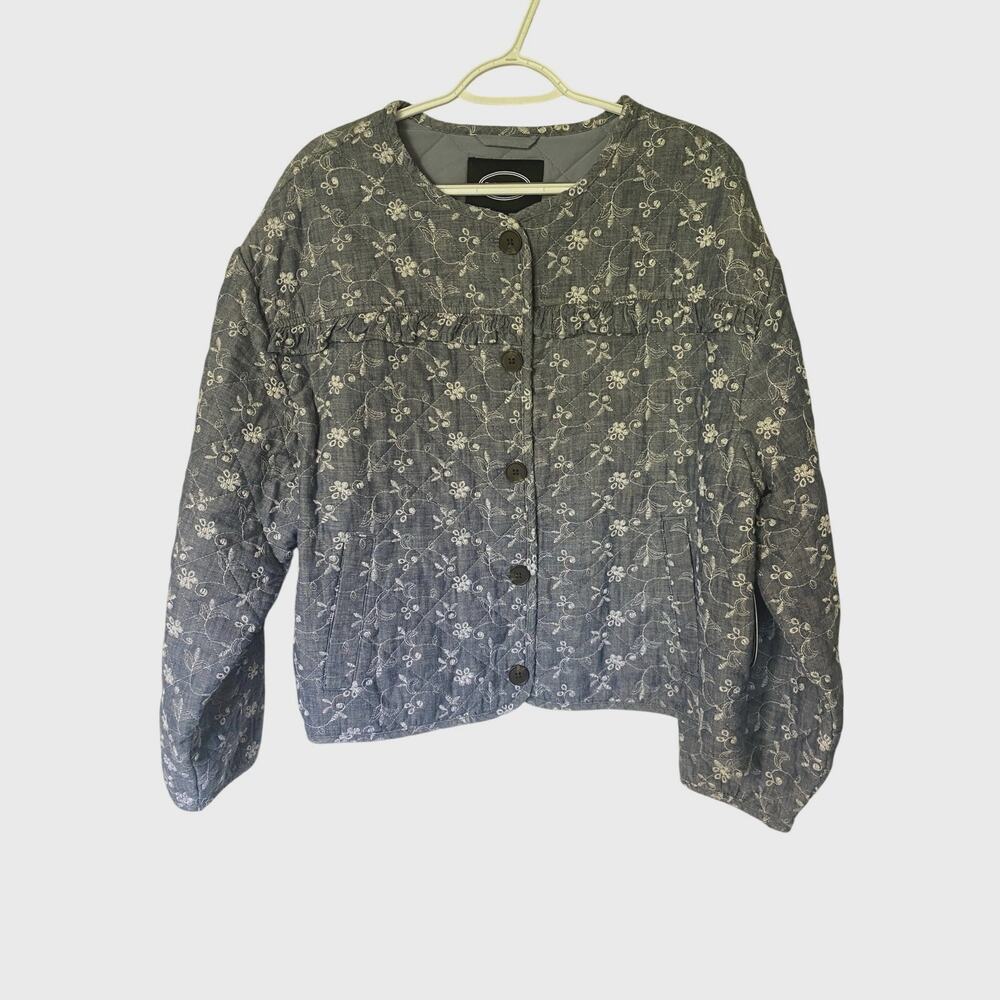NWT Scoop Puff Sleeve Chambray Diamond Quilted Eyelet Jacket XXL Feminine Cotton
